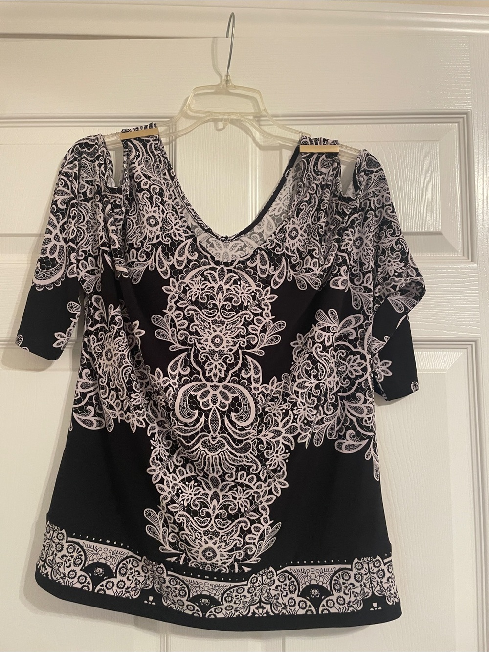 INC International Concepts Black and White Lace-Print Cold-Shoulder Top